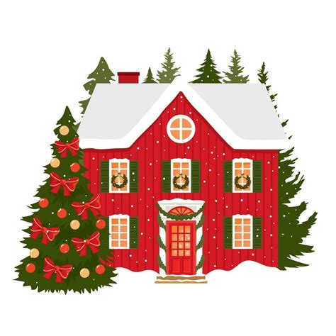 Christmas Decorated Red House Santa Claus House Winter Red Cottage With A Garland And A