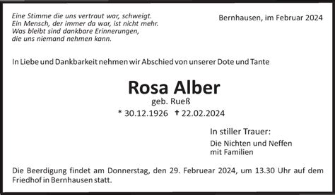 Traueranzeigen Von Rosa Alber Stuttgart Gedenkt De