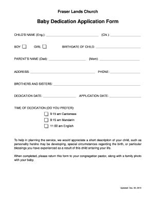 Fillable Online Fraserlands Baby Dedication Application Form Fraser