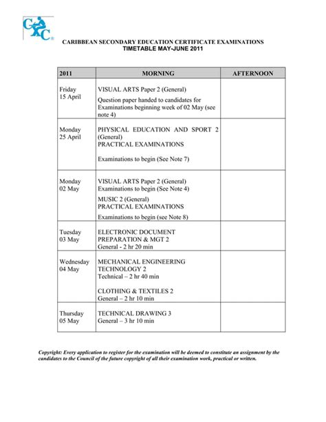 Timetable Csec 2011 May Jun Final A4 3 January 2011 PDF