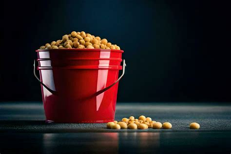 A Red Bucket Filled With Soybeans On A Dark Table AI Generated