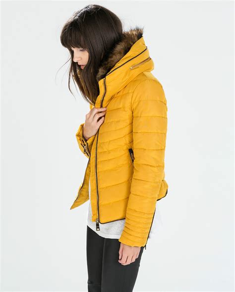 Zara Mustard Yellow Quilted Padded Winter Jacket Fur Collar Size L