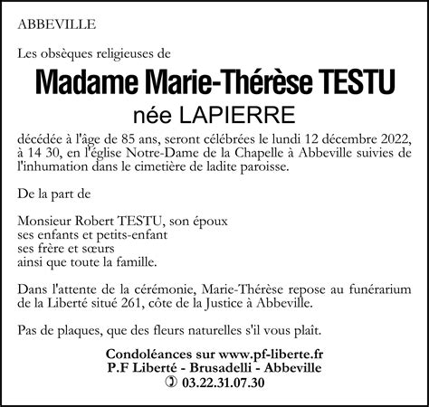 Avis de décès de Marie Thérèse TESTU Pompes Funèbres Liberté Brusadelli