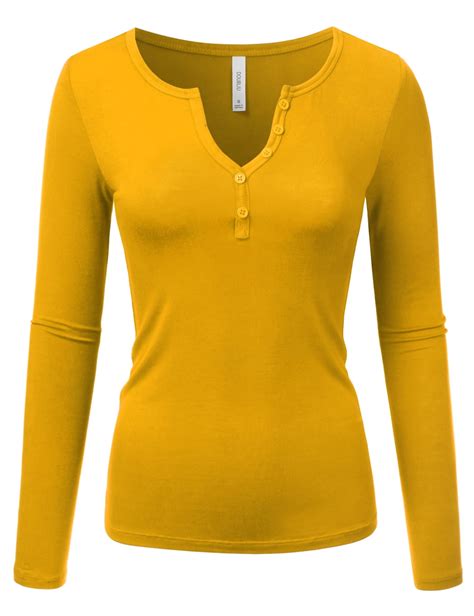 Doublju Women S Long Sleeve Basic Henley Deep V Neck Button Placket T