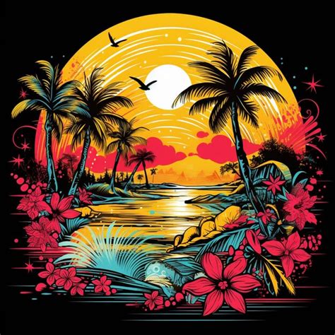 Premium Ai Image A Black T Shirt With A Sunset And Palm Trees