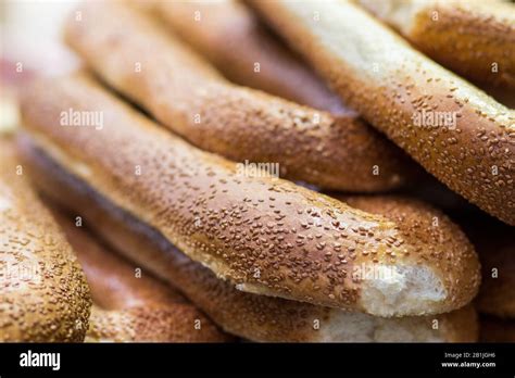 Pretzels Arabian Bread Coated With Sesame Seeds Arranged In Stack On