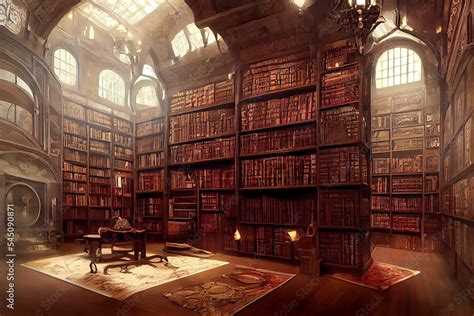 Great Victorian Fantasy Library With Hundreds Of Books In Castle Stock