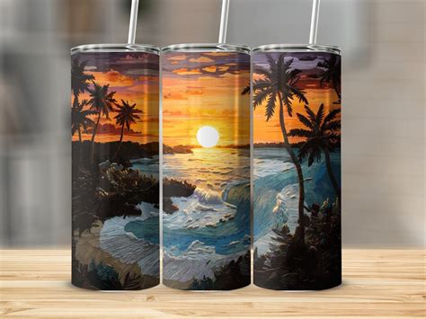 3d Embroidered Sunset Beach 20oz Skinny Tumbler Sublimation Etsy