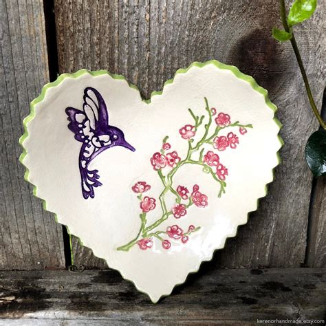 Heart Shaped Dish Flowers Dish Ceramic Heart Shaped Dish Hummingbird Art Ring Dish Tealight