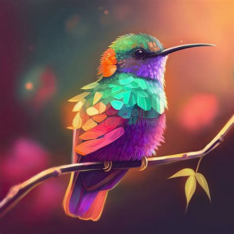 Pintura Iridiscente De Colibri Entre Hojas Stock de ilustración