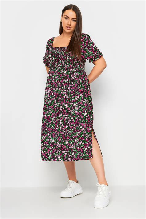 Yours Plus Size Black And Pink Ditsy Floral Print Shirred Midaxi Dress