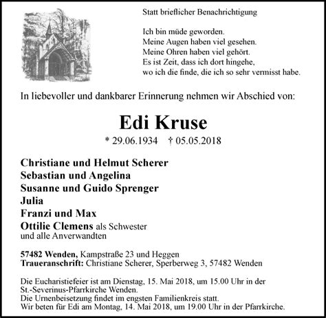 Traueranzeigen Von Edi Kruse Trauer In Nrw De