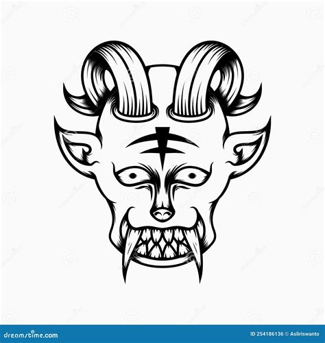 Scary Demon Head Illustration with Line Art Style. Horns and Fangs ...