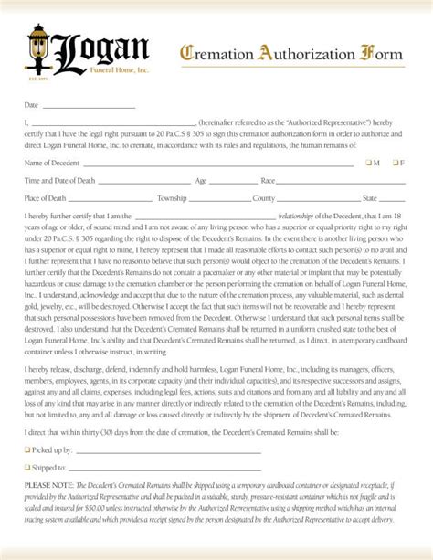 Cremation Authorization Form Logan Funeral Homes