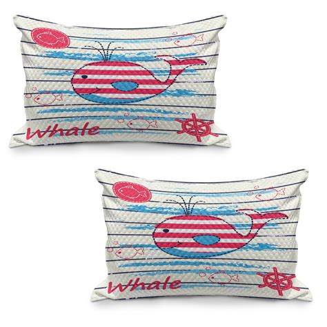 Cartoon Quilted Pillowcover Set Of 2 Whale Swimming Fish Sailor Marine