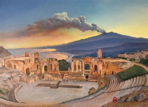 Teatro Greco Di Taormina Al Tramonto Olio Su Tela 50x70 Anno 2023