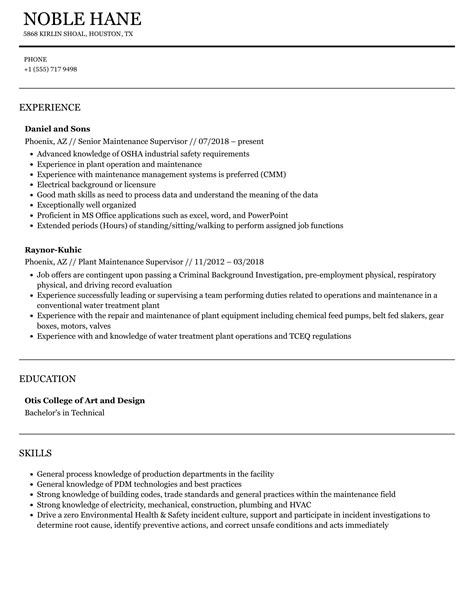 Maintenance Supervisor Resume Samples Velvet Jobs