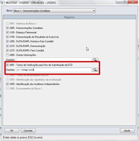 Cross Segmentos Linha Datasul ECD Registro J801 Termo De