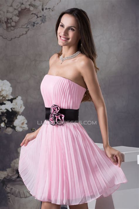 Sheath Column Strapless Chiffon Short Pink Pleated Bridesmaid Dresses 02010340