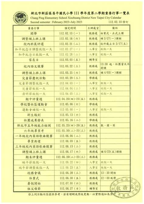 1120210公告 ：新北市新莊區昌平國民小學111學年度第二學期重要行事一覽表