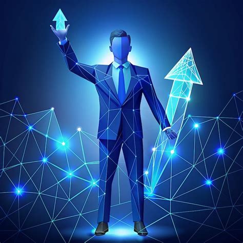 Abstract Digital Businessman Hand Holding Rising Arrows In Futuristic