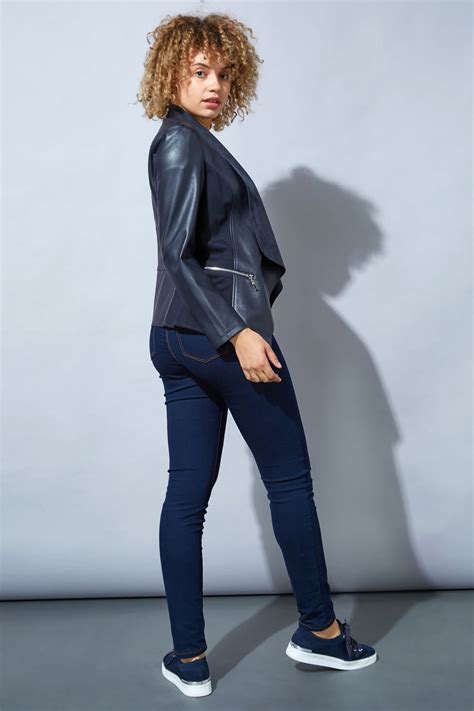 Faux Leather Suedette Waterfall Jacket In Navy Roman Originals Uk