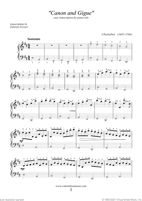 Canon in D sheet music for piano solo (easy version) (PDF)