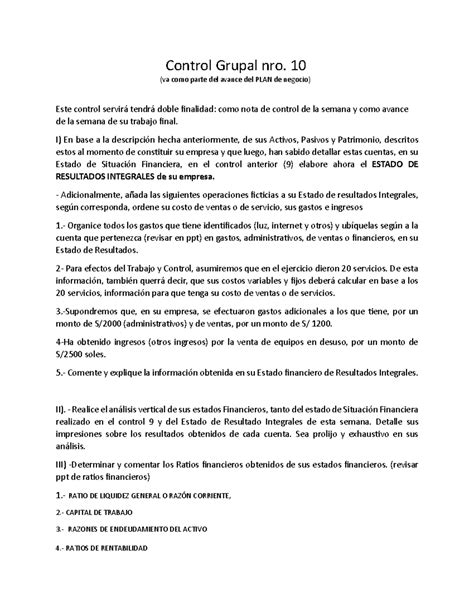 Control Grupal Nro 10 10 Va Como Parte Del Avance Del PLAN De