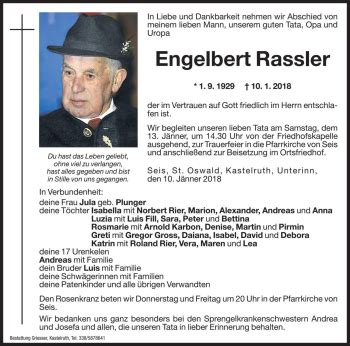 Traueranzeigen Von Engelbert Rassler Trauer Bz