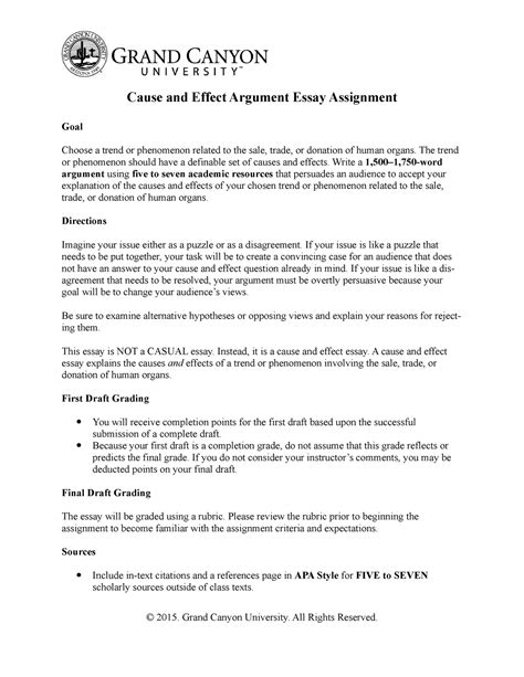 Eng106 Cause Effect Essay Assignment Cause And Effect Argument Essay Assignment Goal Choose A