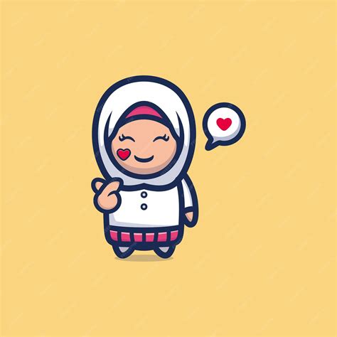 Premium Vector Cute Muslim Girl Posing Love Finger Ramadhan Mascot Cartoon Character