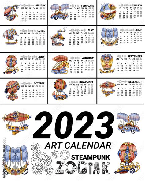 Calendar template for 2023 with airships in the form of zodiac signs ...