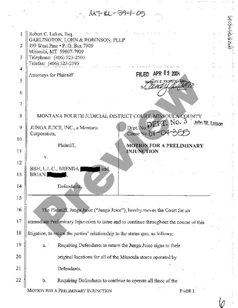 Montana Motion For A Preliminary Injunction Us Legal Forms