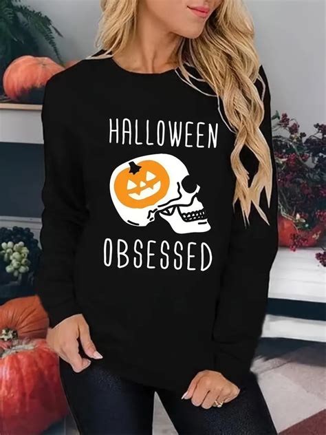 Halloween Skull Print Sweatshirt Casual Long Sleeve Crew Temu Australia