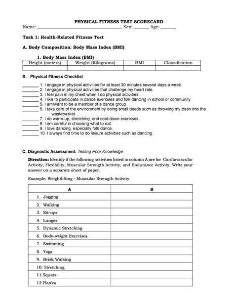 Diagnostic Test Hope B Physical Fitness Checklist I