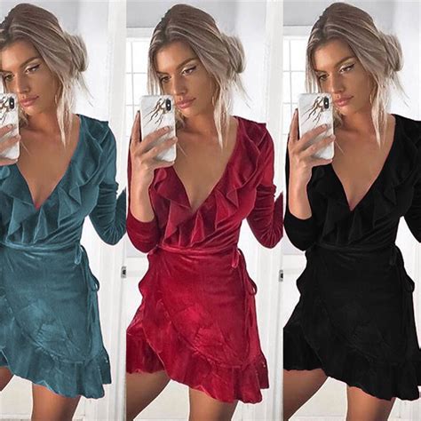 Novas Mulheres Sexy Profunda V Pescoço Longo Vestido de Manga Mulheres