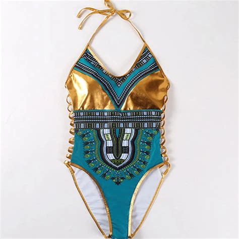 African One Piece Swimsuit 2018 Geometric Print High Cut Trikini Halter