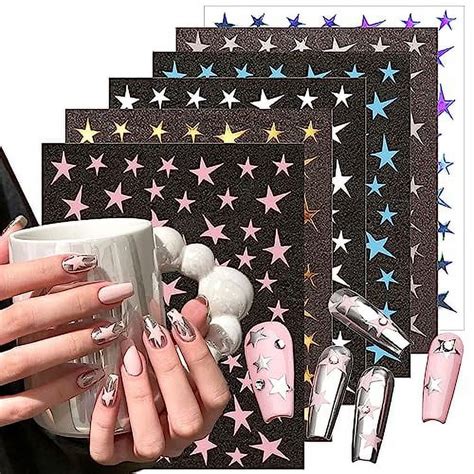 6 Sheets Metallic Nail Art Stickers Star Nail Sticker 3D Self Adhesive