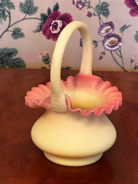 Vintage Fenton Burmese Custard Uranium Uv Ruffled Basket With Handle Etsy