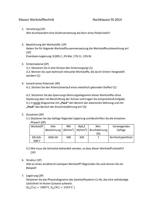 Nachklausur Werkstofftechnik SS14 Klausur Werkstofftechnik