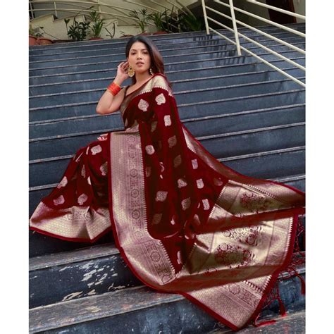 Maroon And Golden Zari Weaving Silk Saree Jusson