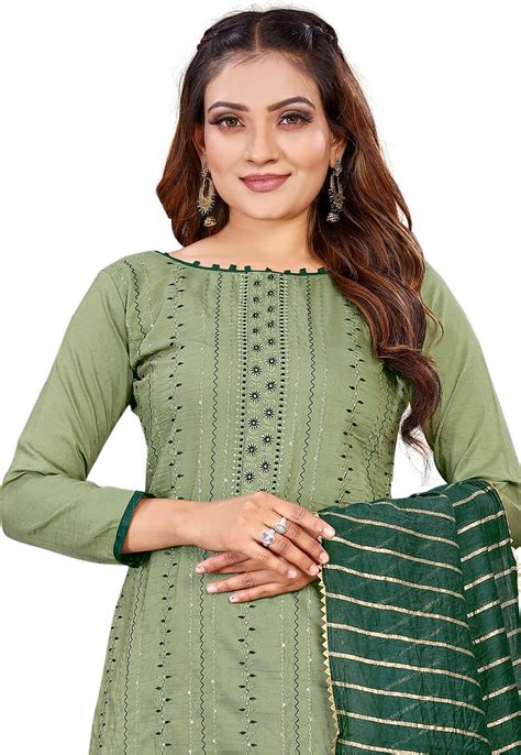 Buy Embroidered Cotton Pakistani Suit In Light Olive Green Online