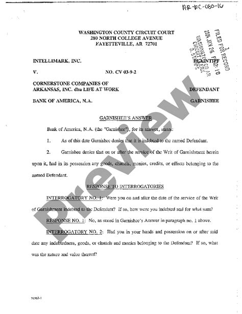 Arkansas Garnishee S Answer To Writ Of Garnishment Sample Answer To