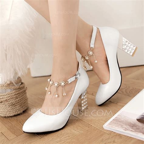 Womens Leatherette Chunky Heel Closed Toe Pumps With Buckle Imitation