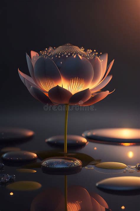 Lotus Flower Closeup With Small Raindrops On A Reflective Surface