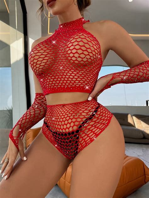 Pack Rhinestone Studded Cut Out Mesh Lingerie Set Gloves Without