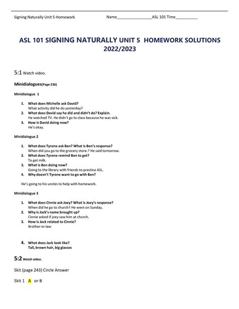 Asl Signing Naturally Unit Homework Solutions Asl