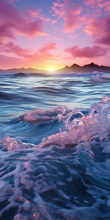 Violet Ocean Pink Sunset Reflected In The Sea Waves Stock Illustration