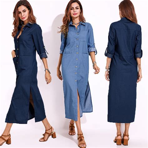 Elegant Women Turn Down Collar Long Sleeve Button Down Denim Shirt Dress Long Sleeve Denim