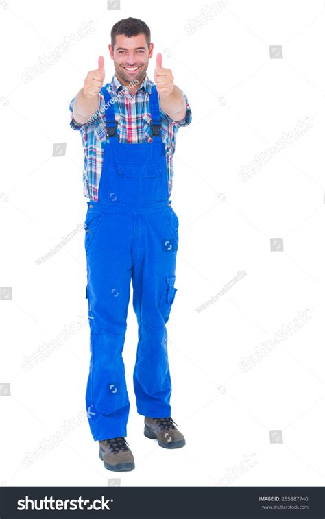 Full Length Portrait Happy Handyman Coveralls Stock Photo 255887740